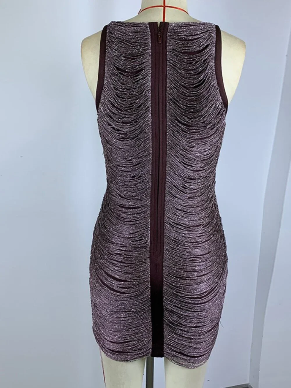 Stunning Chocolate Brown Metallic Fringe Sleeveless Bodycon Mini Dress